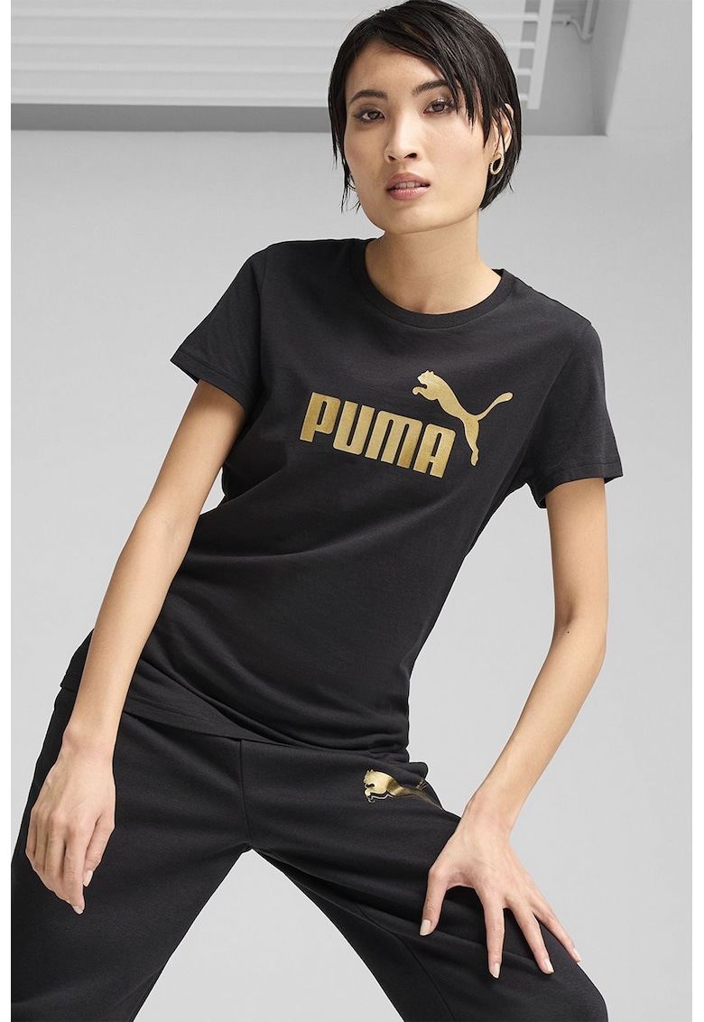 Tricou din bumbac cu imprimeu logo - Auriu/Negru