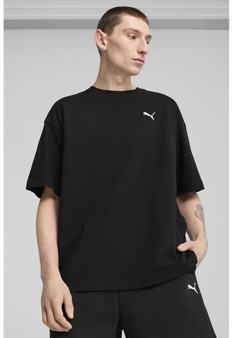 Tricou de bumbac cu decolteu la baza gatului si logo discret - Negru