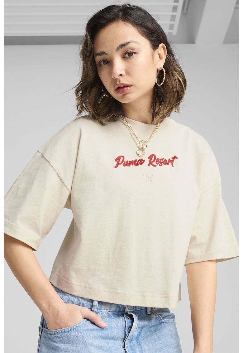 Tricou crop de bumbac - Rosu vermillion/Bej deschis