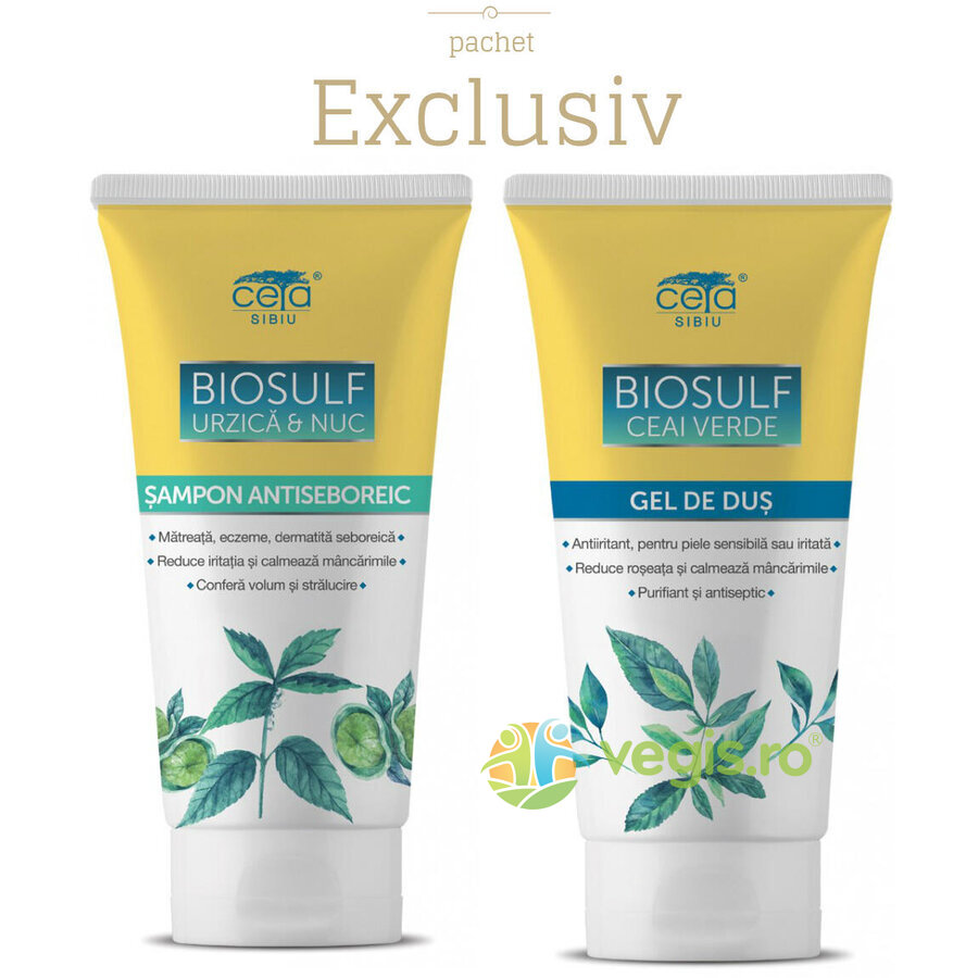 Oferte la Pachet Sampon Biosulf cu Urzica si Nuc 200ml + Gel de Dus Biosulf cu Ceai Verde 200ml