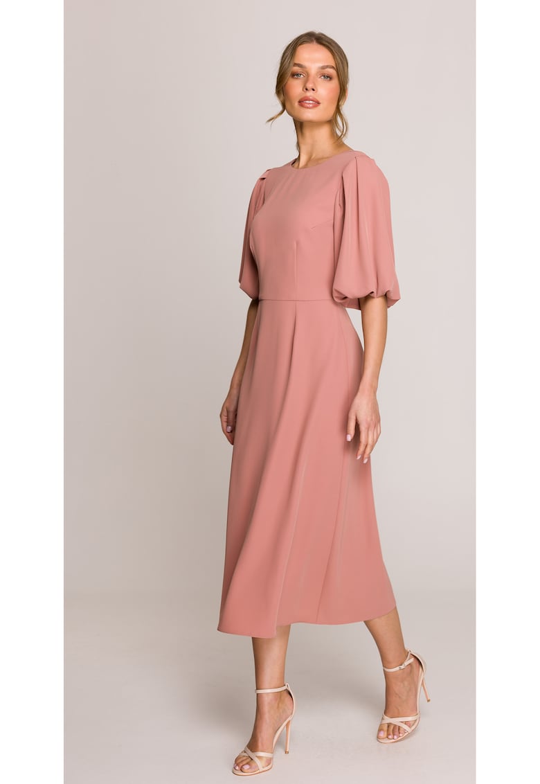 Rochie cu maneci bufante - - Rosu vermillion