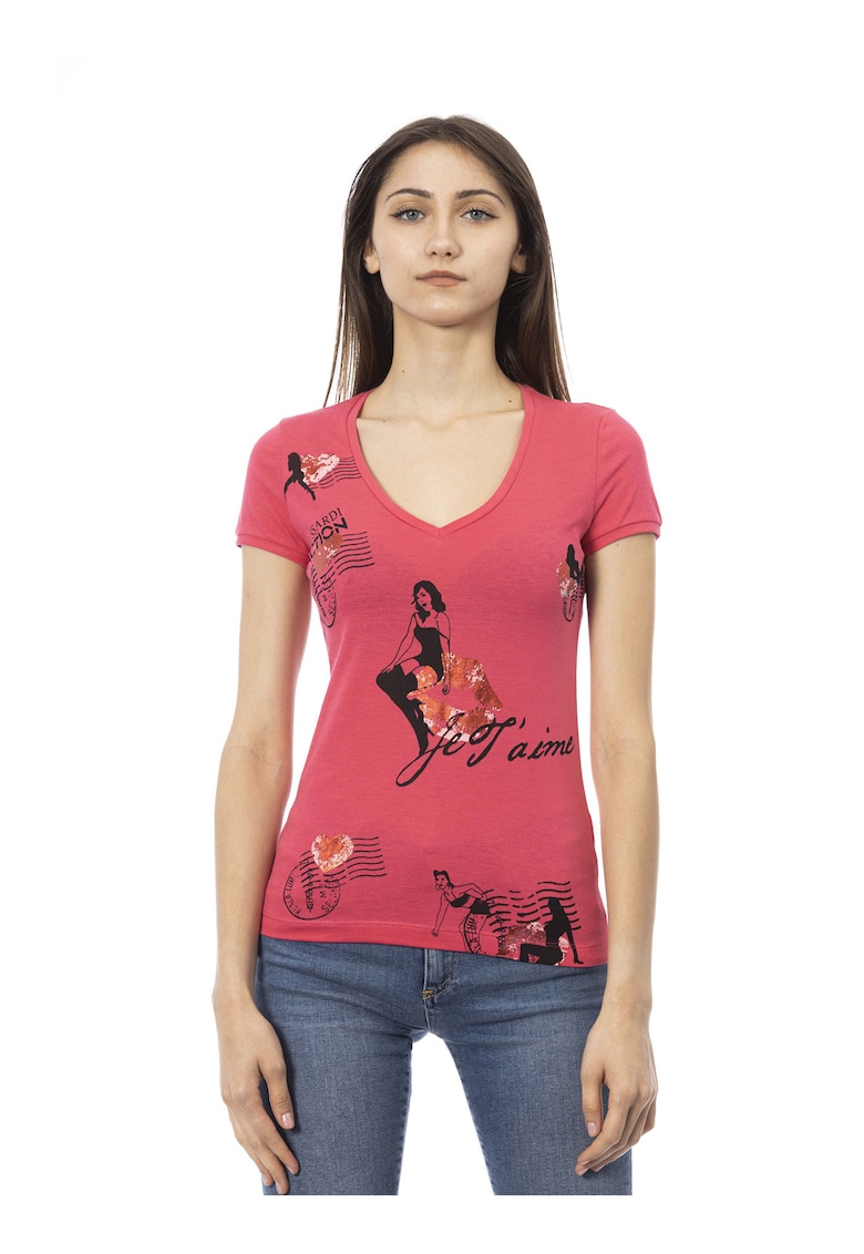 Tricou cu decolteu in V si imprimeu grafic - Rosu deschis