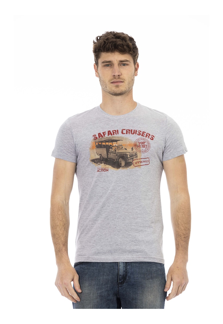 Oferte la Tricou slim-fit cu decolteu la baza gatului si design - Gri