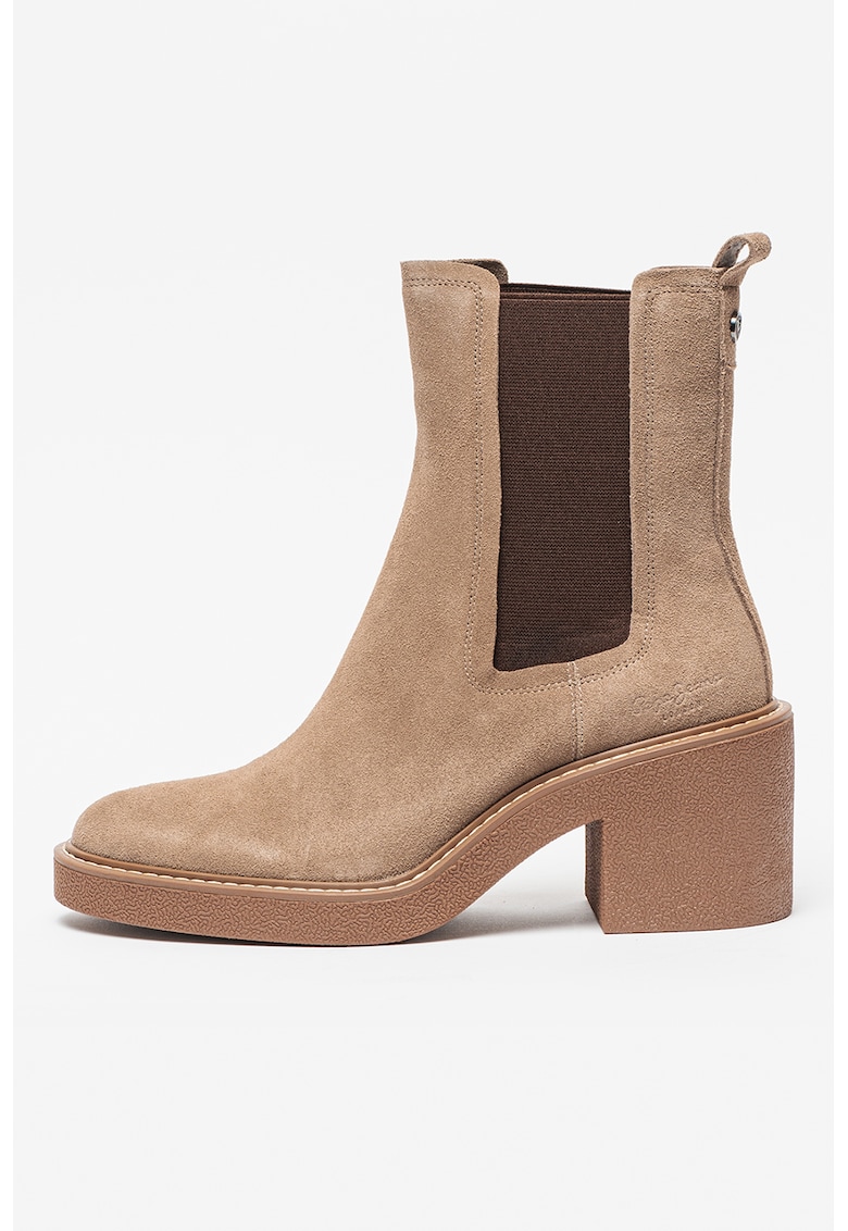 Ghete Chelsea de piele intoarsa cu toc masiv Nicole - Bej