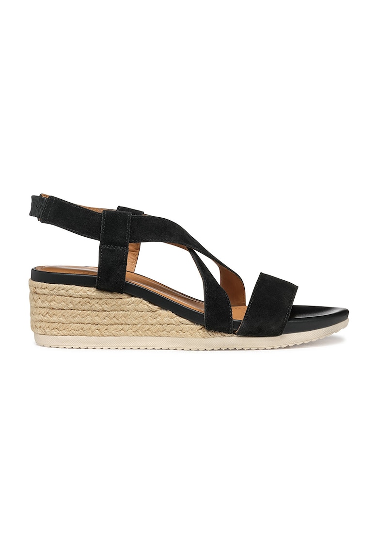 Sandale-espadrile din piele intoarsa si piele cu talpa wedge - Negru