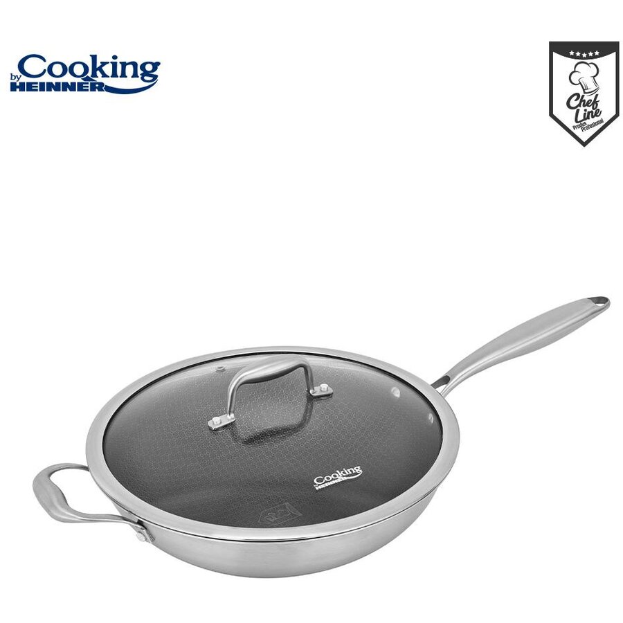 Tigaie Wok Inox + Capac 30x8.5CM Titanium3 Argintiu/Negru