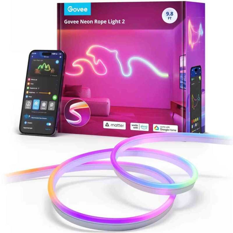 Oferte la Banda LED inteligenta Neon H61D3 RGBIC Wi-Fi Bluetooth Matter 48W Sincronizare Muzica Alexa Google Asistant 3m Multicolor