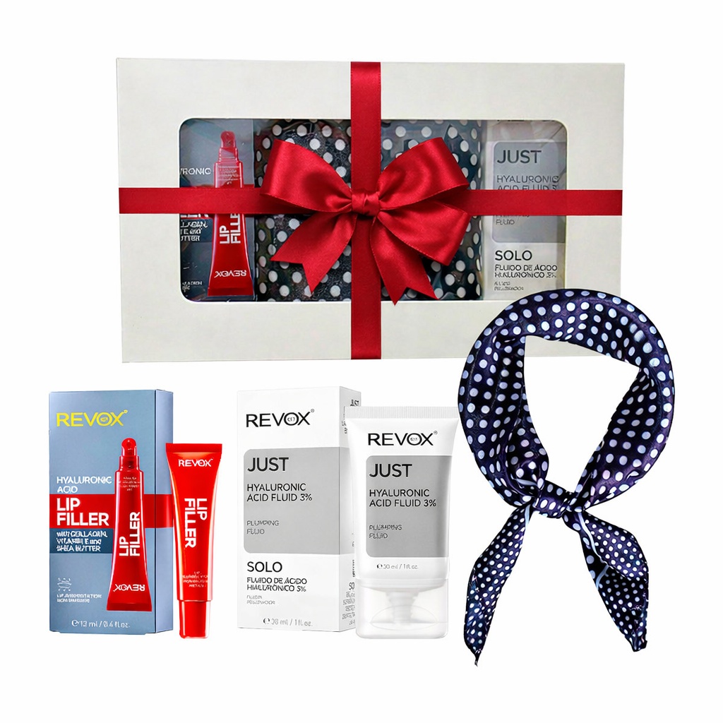 Oferte la Set Cadou Elysa – Ser Revox Hyaluronic Acid 3% 30ml, Lip Filler Revox 12ml, Esarfa