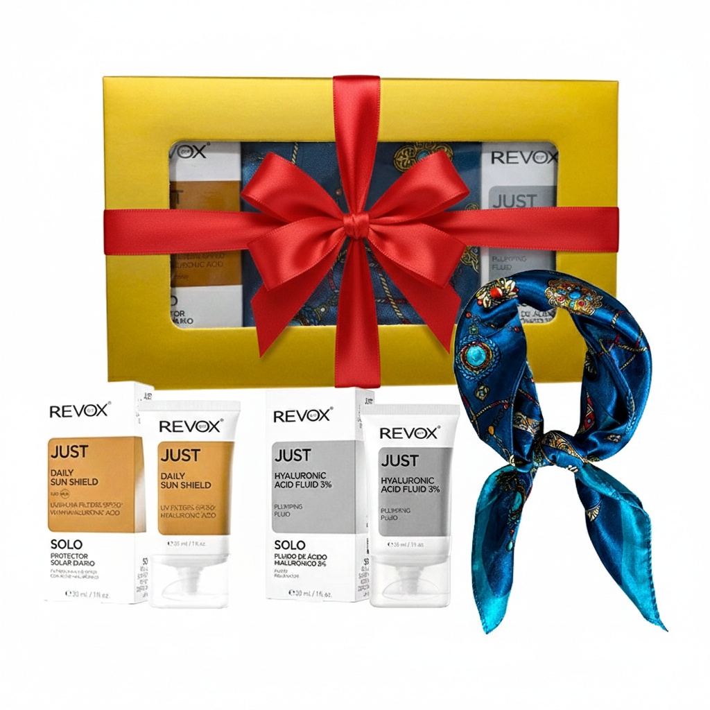Oferte la Set Elysa – Ser Revox Hyaluronic Acid 3% 30ml, Crema SPF50 Revox 30ml, Esarfa albastra