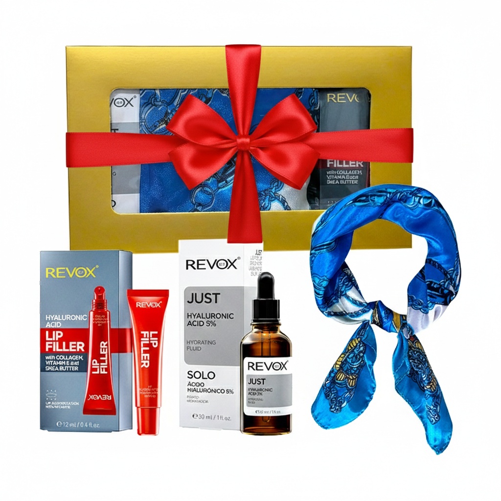 Oferte la Set Elysa – Ser Revox Hyaluronic Acid 5% 30ml, Lip Filler Revox 12ml, Esarfa albastra
