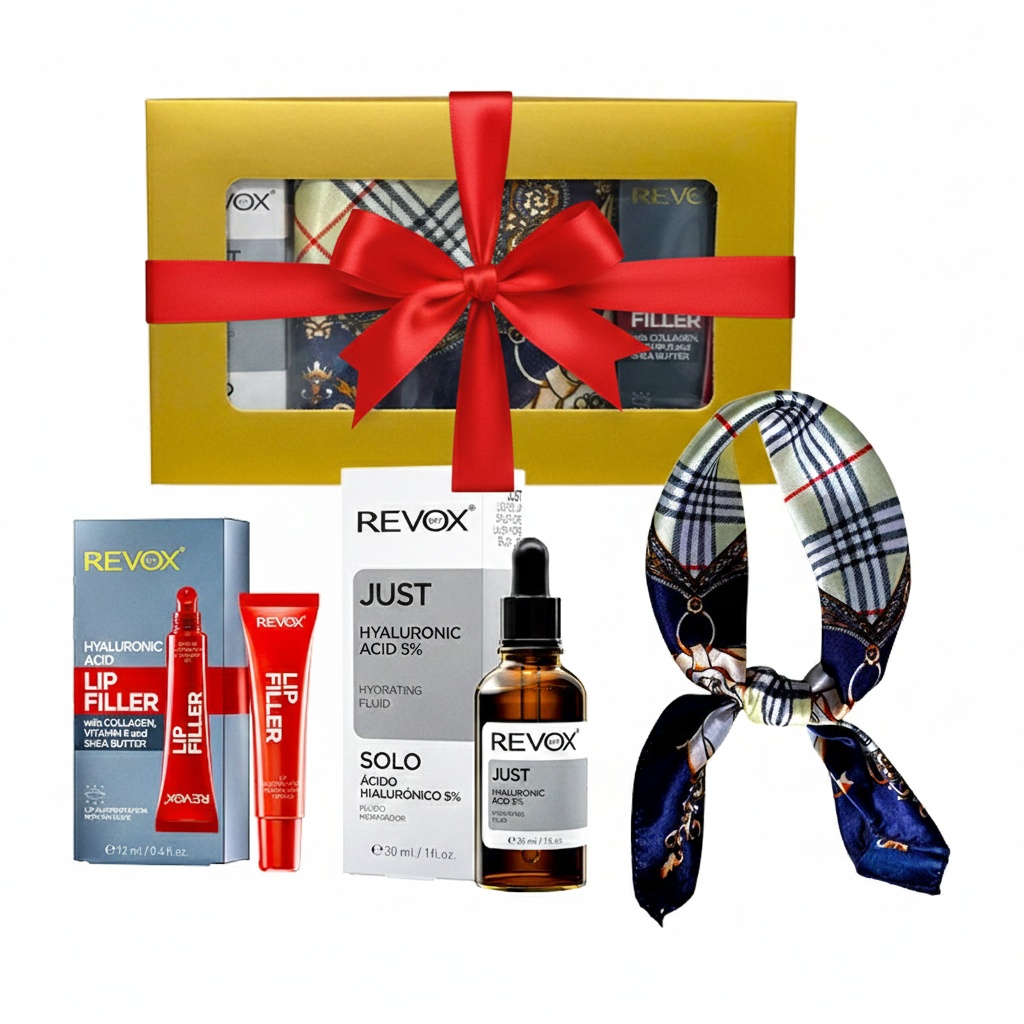Oferte la Set Cadou Elysa – Ser Revox Hyaluronic Acid 5% 30ml, Lip Filler Revox 12ml, Esarfa