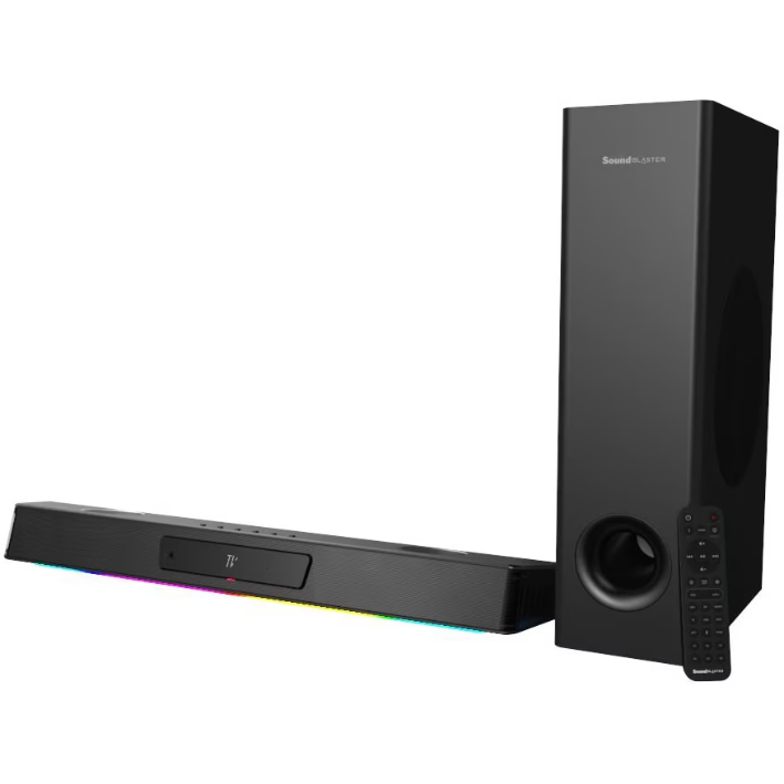 Oferte la Soundbar BlasterX Katana V2X   2.1 Dolby Audio Tri-amplified UltraDSP 90W  HDMI ARC  Bluetooth USB-C 5.0 Optical-in AUX-in RGB Creative App Super X‑Fi Telecomanda Negru
