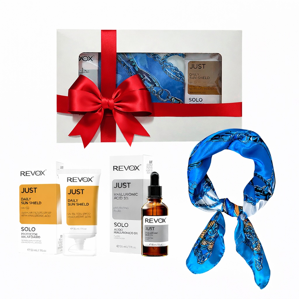 Oferte la Set Elysa – Ser Revox Hyaluronic Acid 5% 30ml, Crema SPF50 Revox 30ml, Esarfa albastra