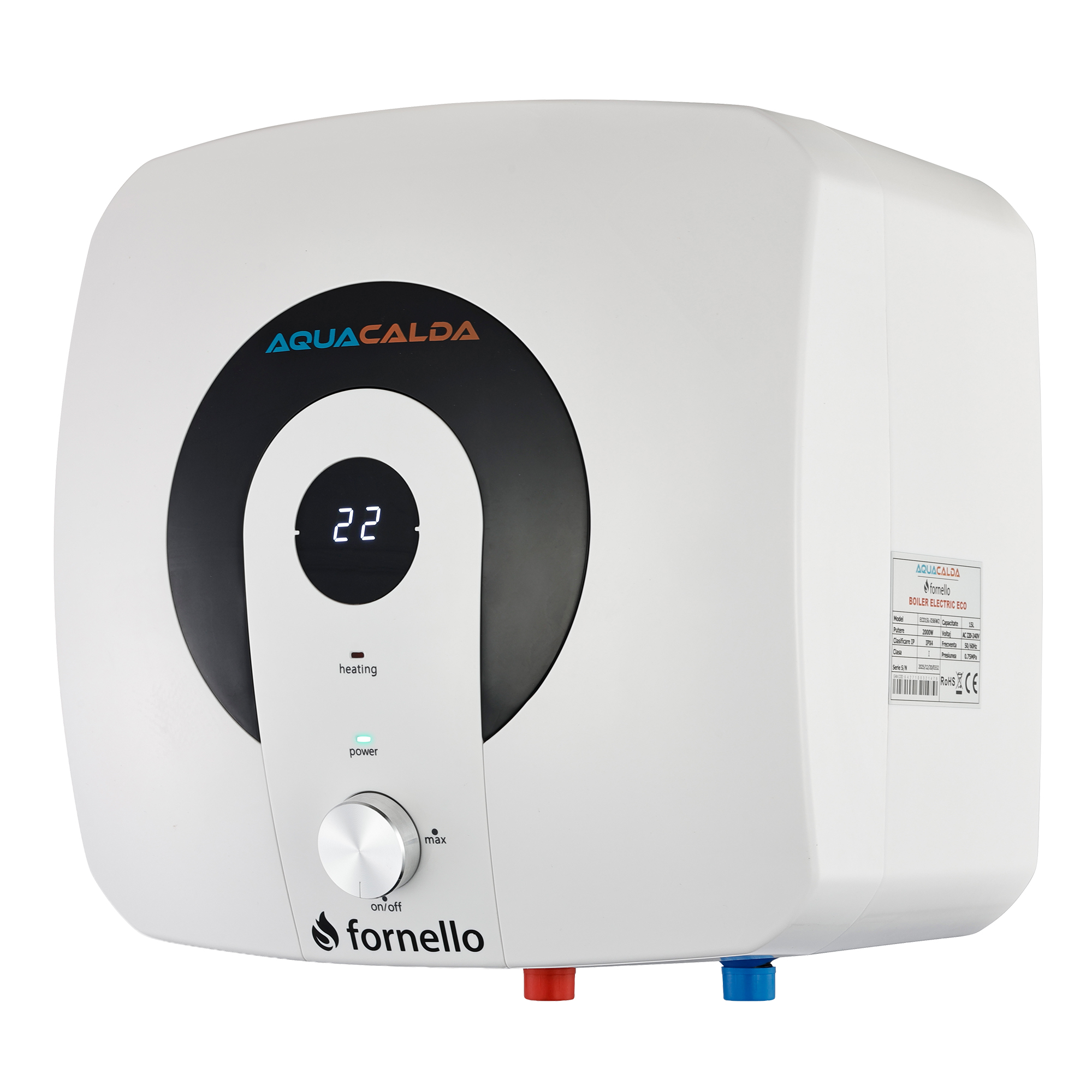 Oferte la Boiler electric  Fornello AQUACALDA ECO 15 Litri montaj deasupra chiuvetei  2000 watt reglaj extern al temperaturii poliuretan expandat grad de protecție IPX4 dimensiuni compacte si afisaj digital