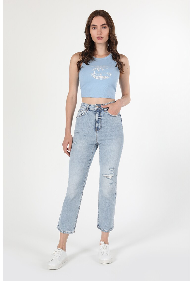 Blugi cu talie inalta si detalii cu aspect deteriorat - Albastru pal