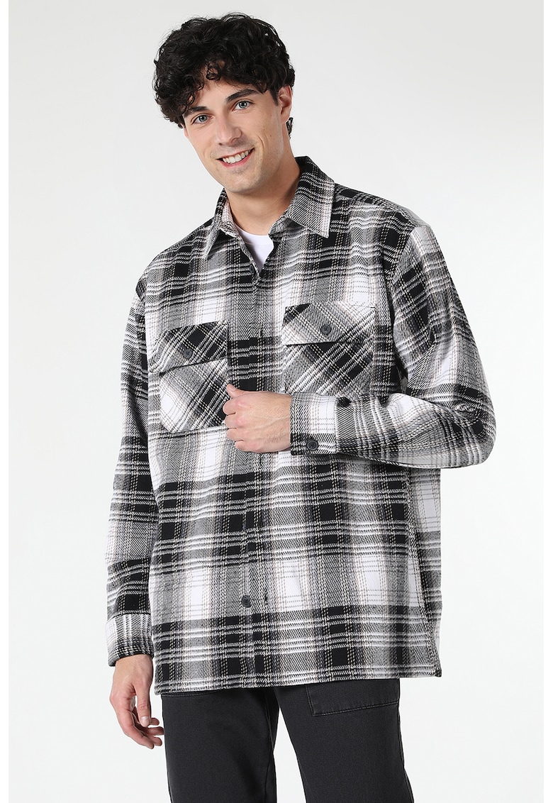 Camasa de bumbac cu model in carouri - Alb/Negru/Gri