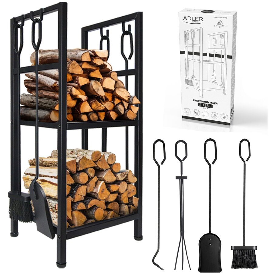 Raft pentru Lemne de Foc AD 6815 cu Ustensile pentru Semineu Sarcina Maxima 80KG Negru