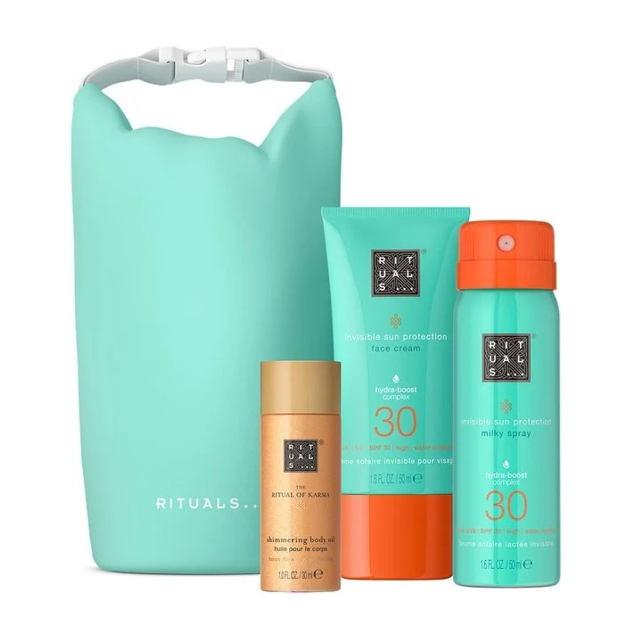 Oferte la Set Rituals The Ritual of Karma, Crema solara faciala SPF 30, 50 ml + Spray laptos de protectie solara SPF 30, 50 ml + Ulei strălucitor de corp, 30 ml