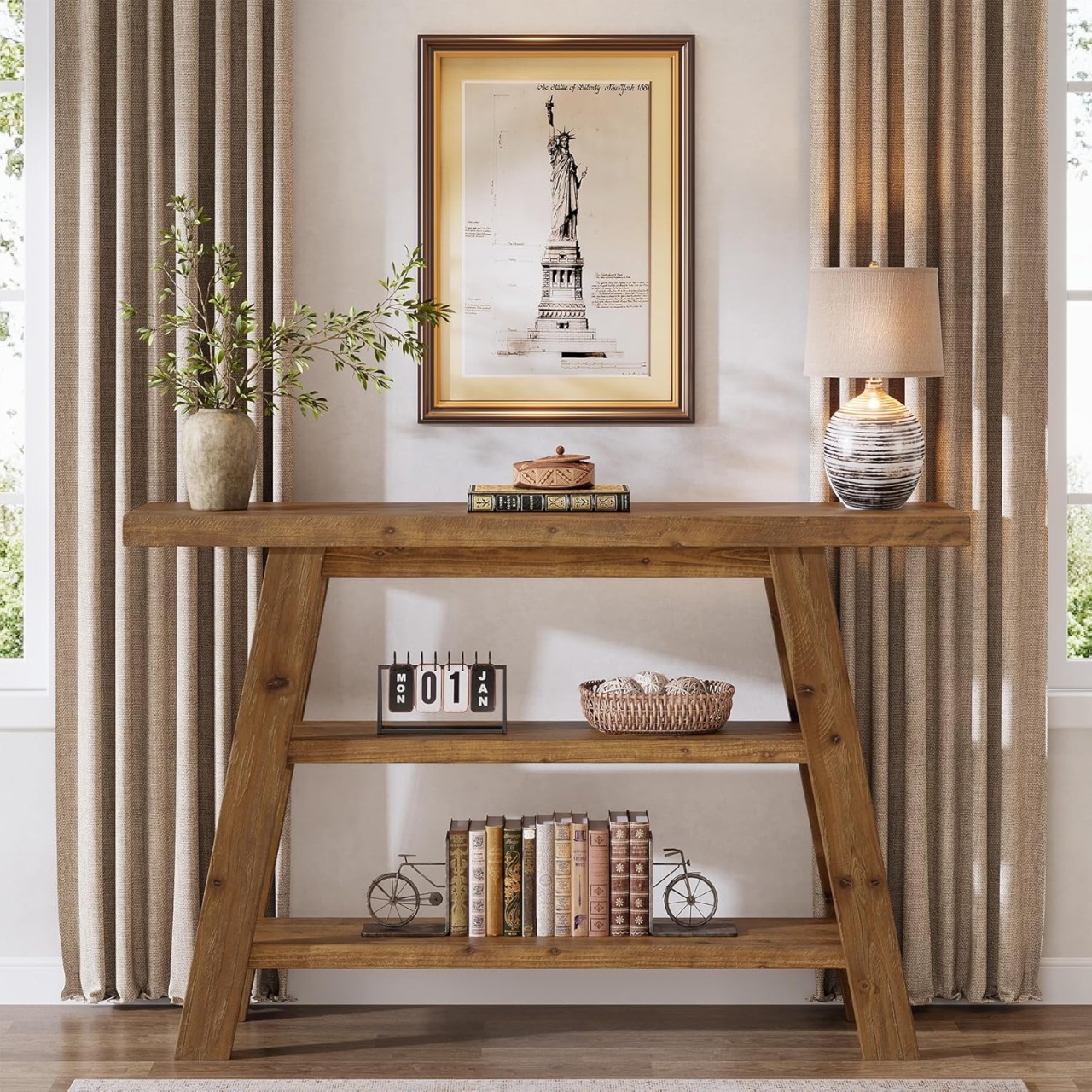 Oferte la MAM38 - Masa Consola curbata, 120 cm, masuta hol cu rafturi, living, dining, dormitor - Maro