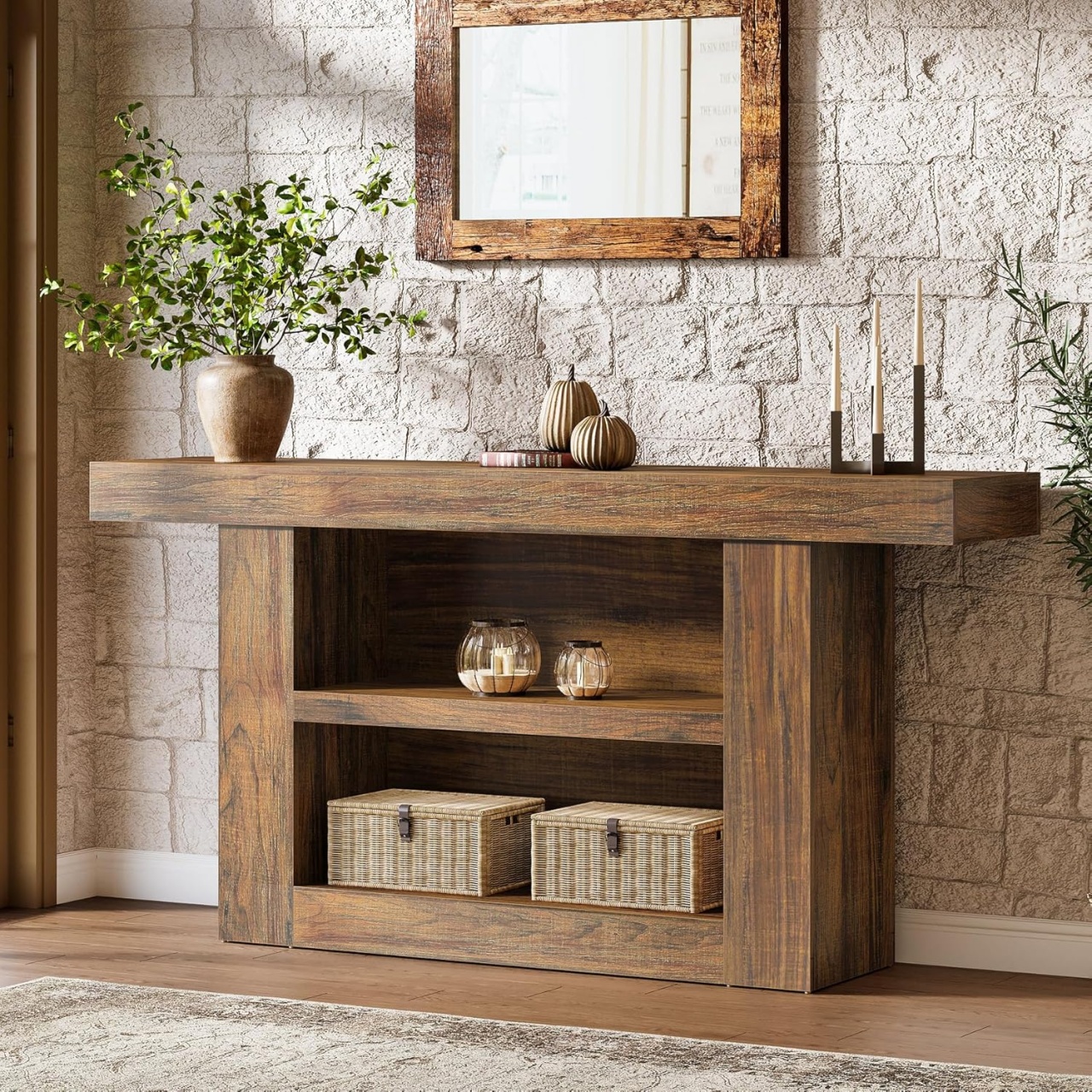 Oferte la MAM26 - Masa Consola, 160 cm, masuta hol cu 2 rafturi, living, dining, dormitor - Maro