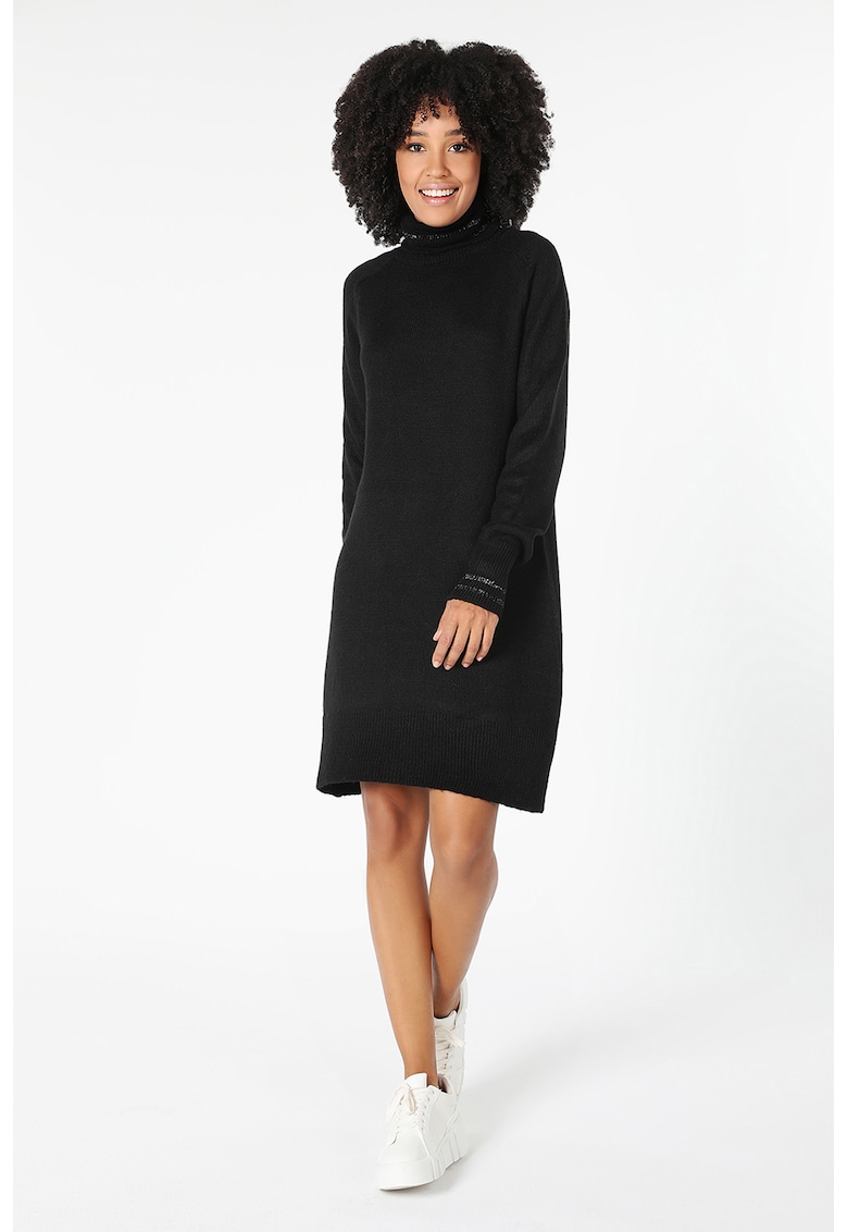 Rochie-pulover cu guler inalt si insertii stralucitoare - Negru
