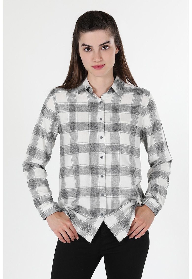 Camasa cu model in carouri si guler ascutit - Alb/Gri