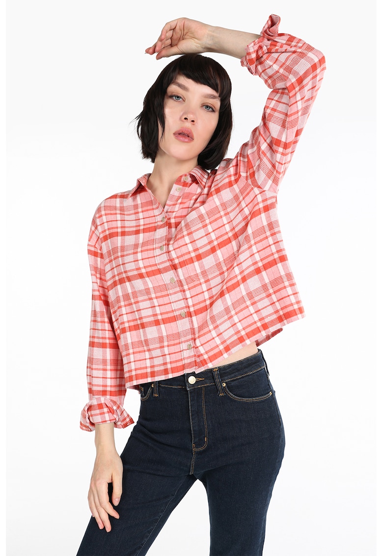 Camasa in carouri cu maneci cazute - Alb/Coral