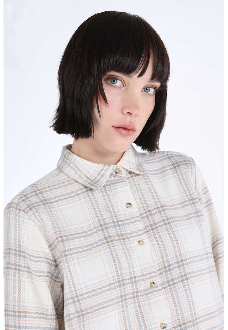 Camasa cu maneci lungi si model in carouri - Alb murdar/Grej