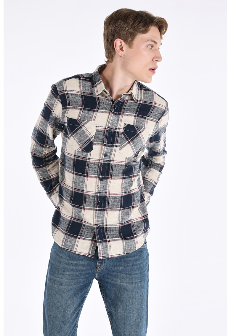 Camasa in carouri cu buzunare pe piept - Bej/Bleumarin
