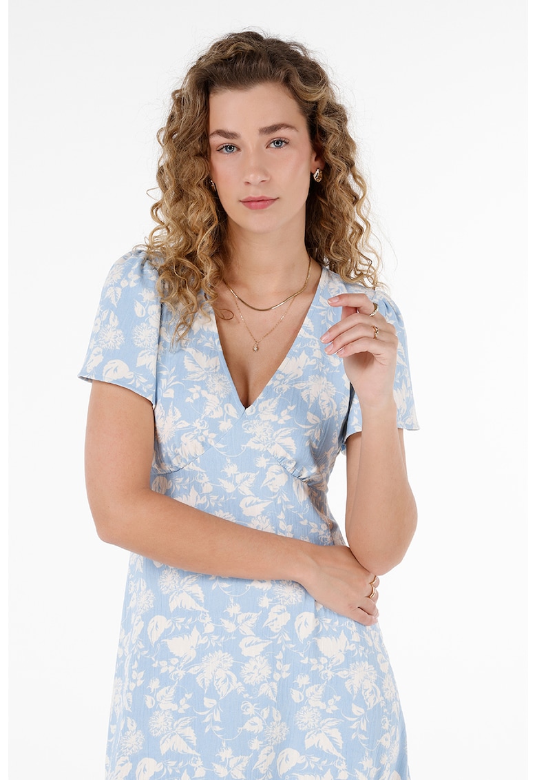 Rochie cu decolteu in V si model floral - Alb/Albastru pastel