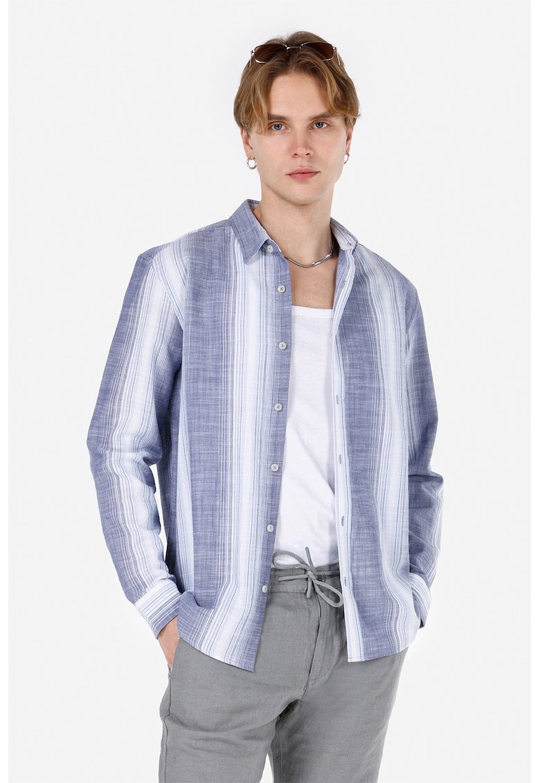 Camasa din bumbac cu model in dungi - Alb/Albastru