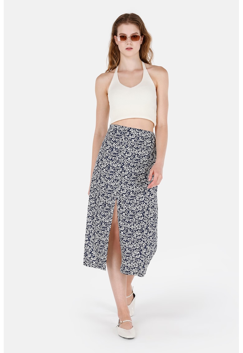 Fusta cu imprimeu floral si slit adanc - Alb murdar/Bleumarin
