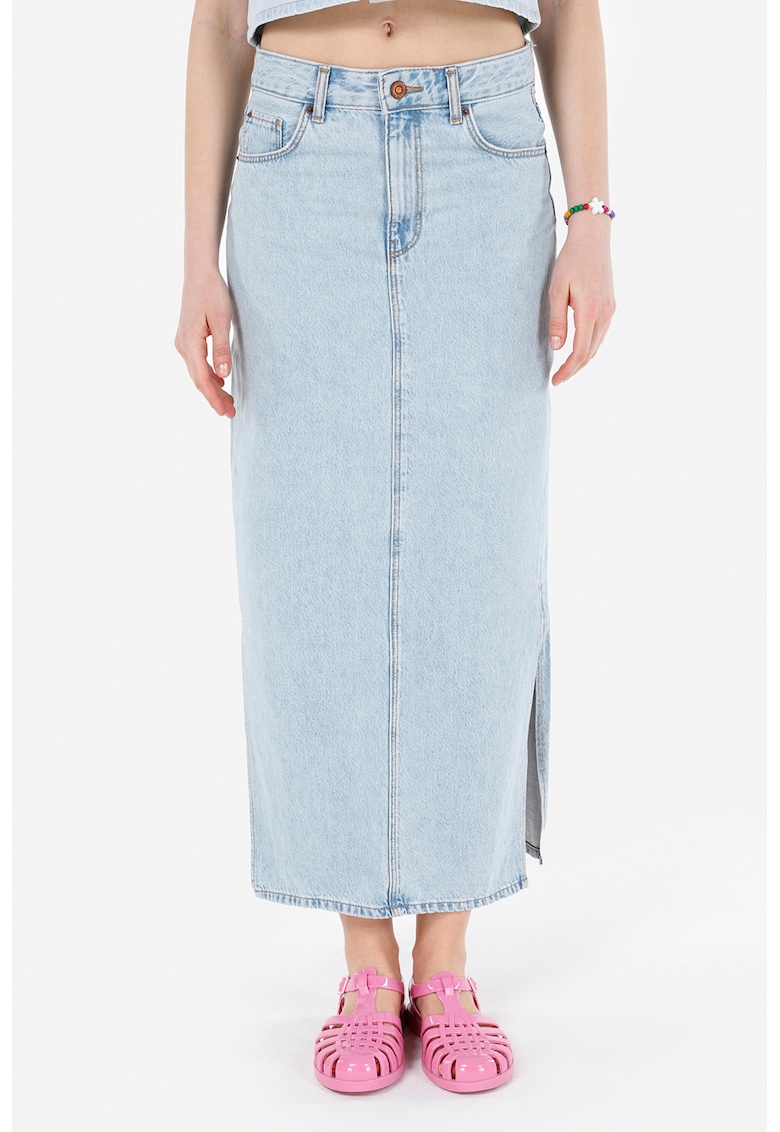 Fusta din denim cu croiala dreapta si slituri laterale - Albastru pastel