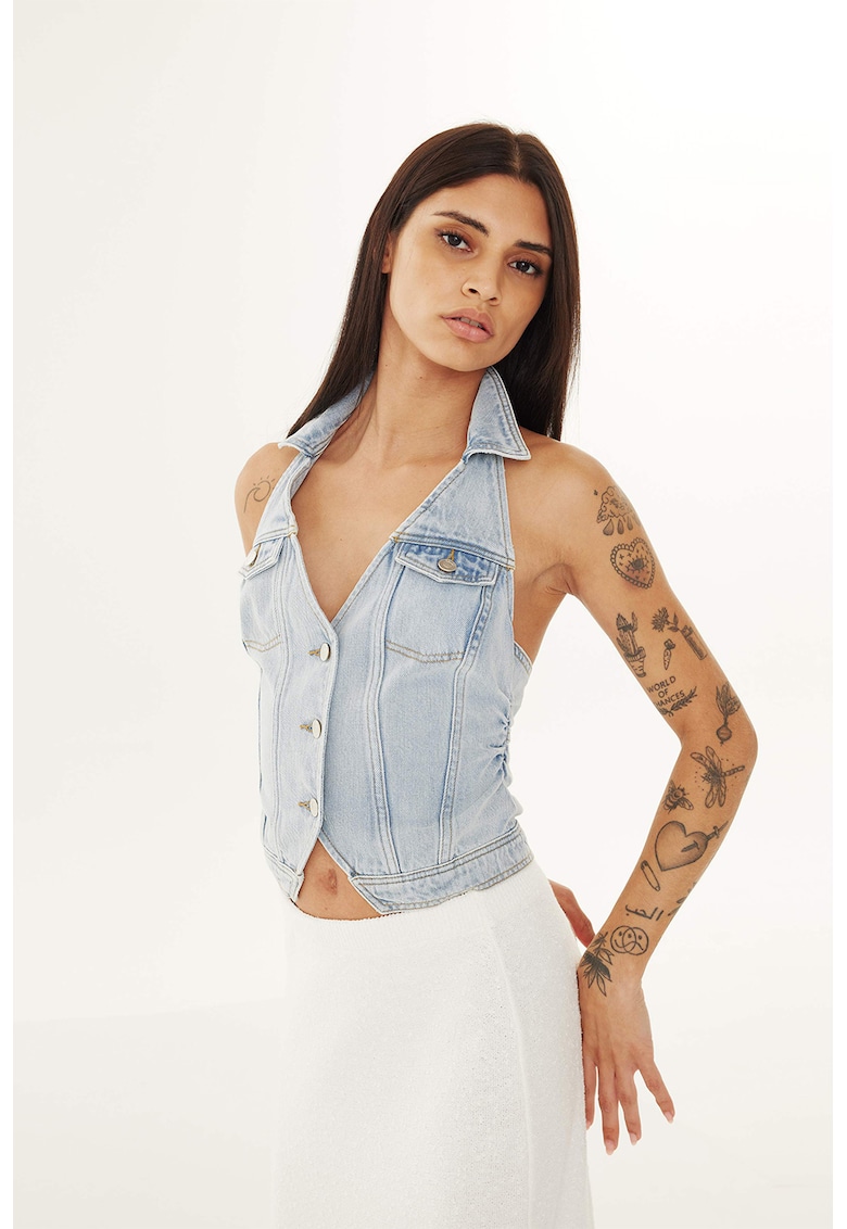 Oferte la Vesta din denim cu decolteu halter - Albastru melange