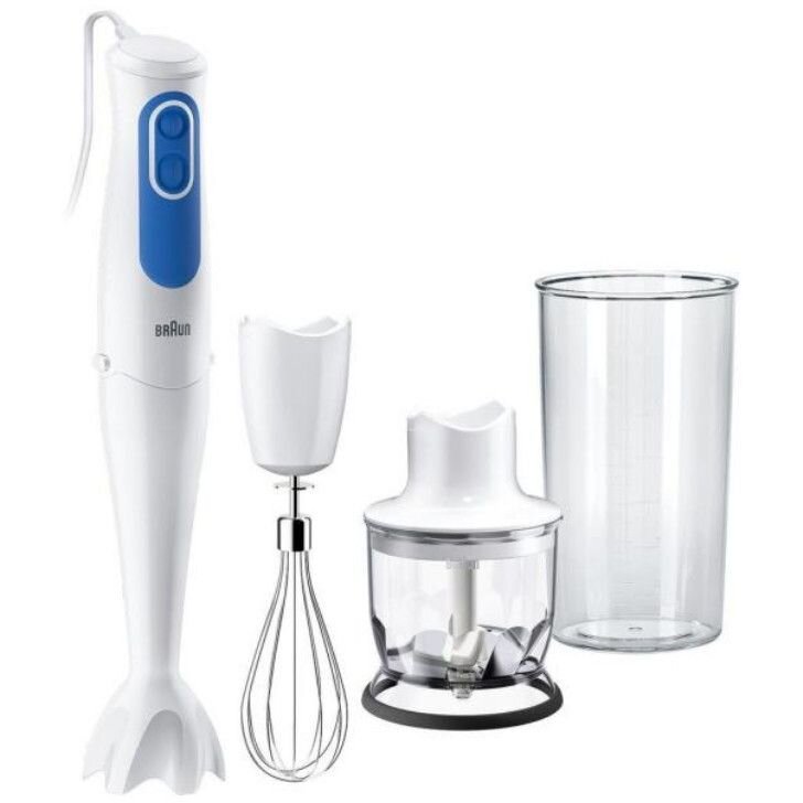 Oferte la Mixer vertical Braun MQ3025WH SPAGHETTI, 700 W, Pahar gradat 0.6 l, Tocator 0.35 l, Tel, 2 viteze, Alb-Albastru