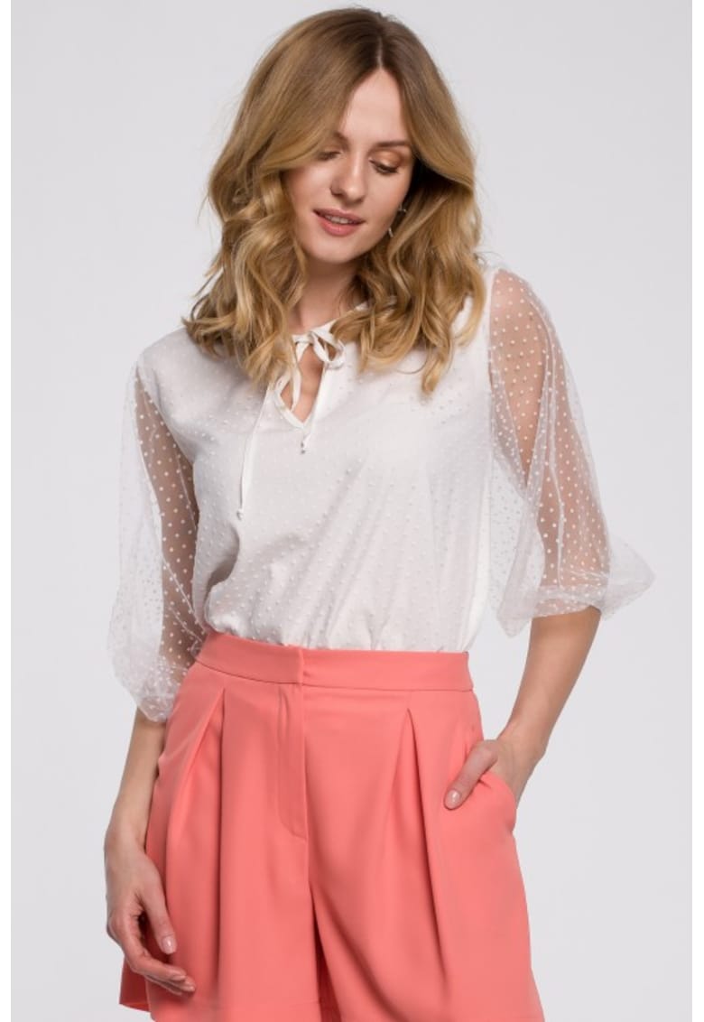 Oferte la Bluza cu maneci bufante si legatura la gat - - Alb