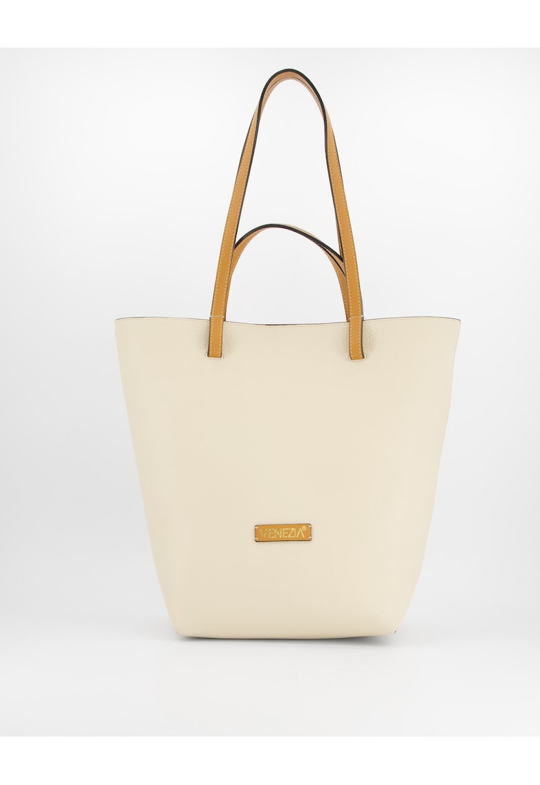 Geanta dama  Shopper piele naturala 36x40x14cm manere maro - 1 buzunar interior - Bej