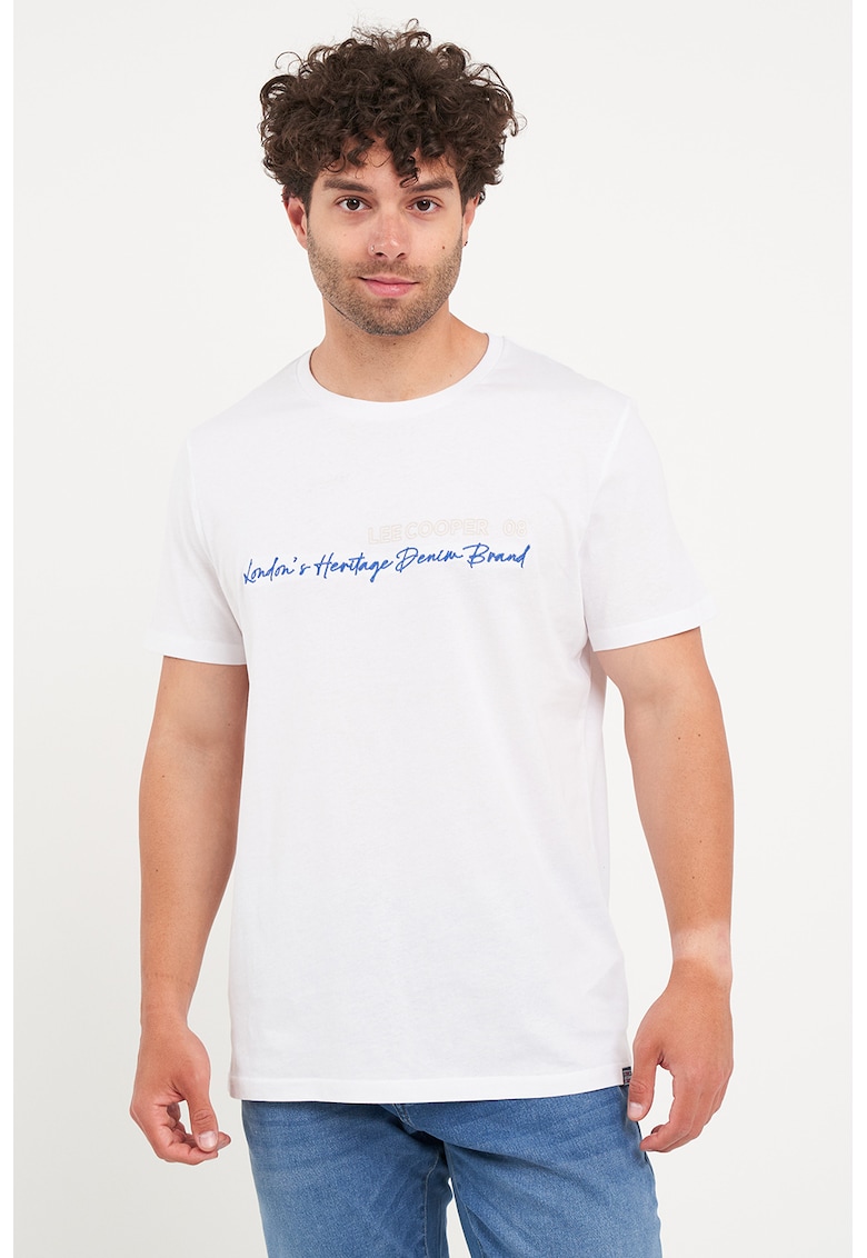Oferte la Tricou cu decolteu la baza gatului si imprimeu logo - Alb/Albastru