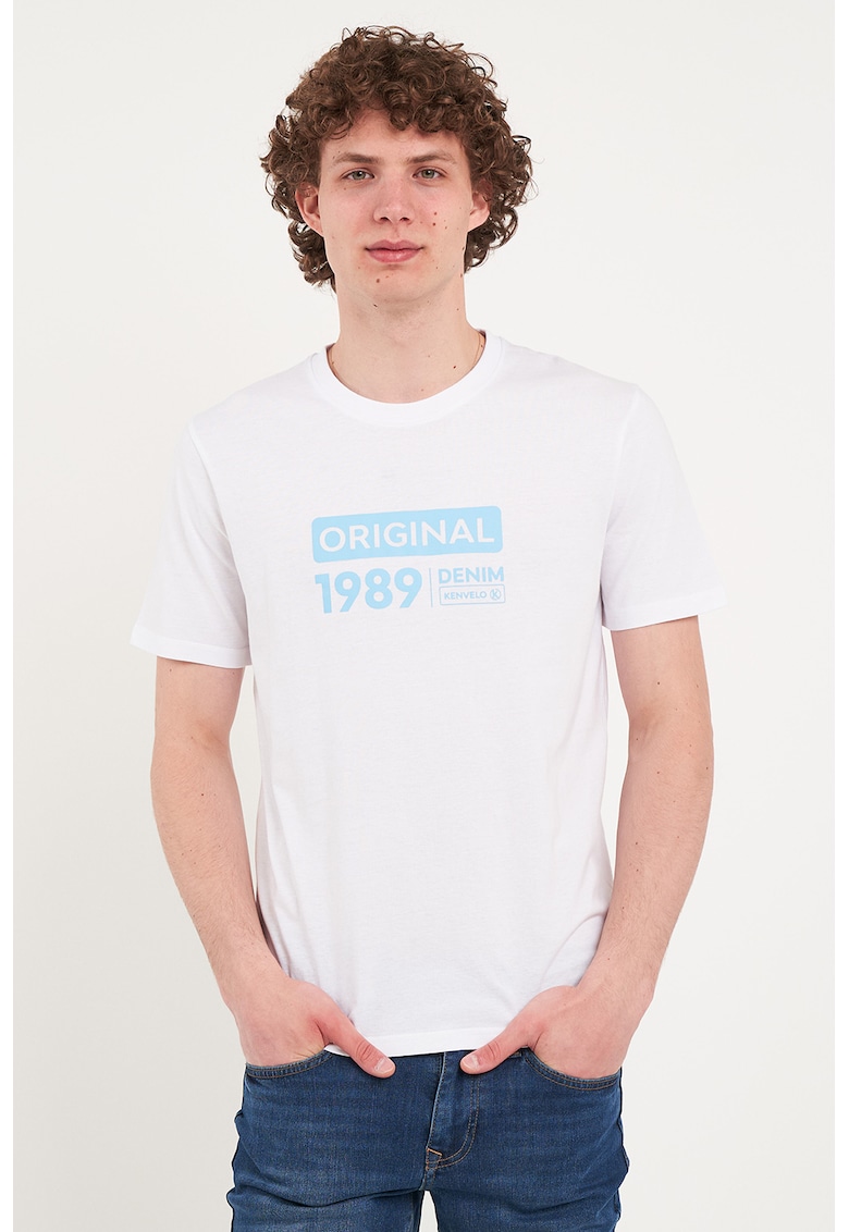 Oferte la Tricou din bumbac cu imprimeu text - Alb/Albastru glaciar