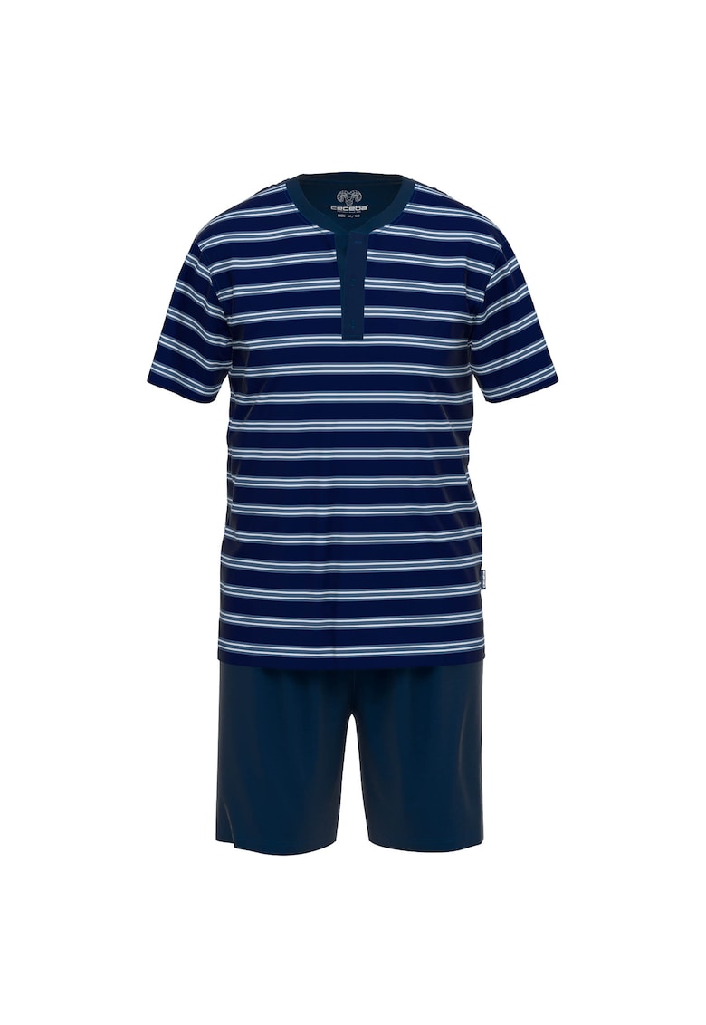 Oferte la Pijama cu dungi - pantaloni scurti si decolteu henley - Alb/Albastru