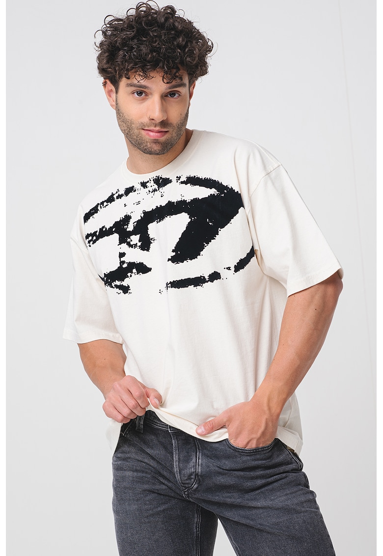 Tricou relaxed-fit din bumbac cu imprimeu Boxt - Alb fildes/Negru stins