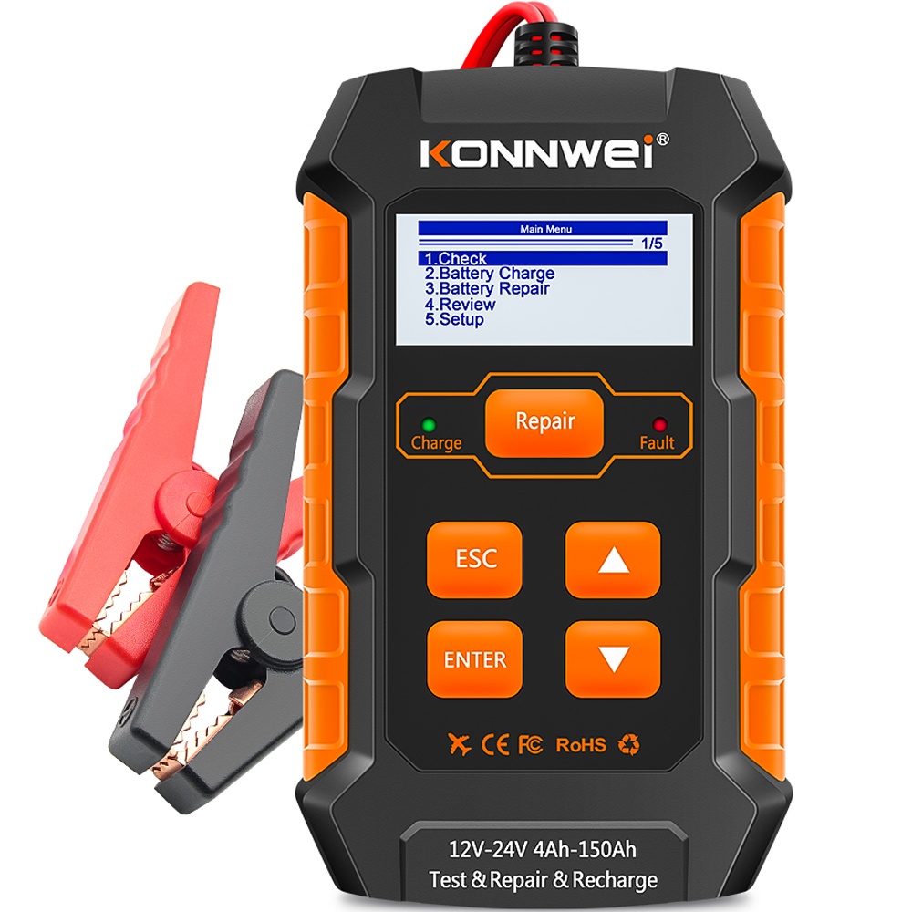 Oferte la Tester incarcare si reparare baterii auto KONNWEI KW520 – Tester baterie 12V/24V cu functie de incarcare 10A/5A, reparare pulse, test cranking si alternator, afisaj LCD color