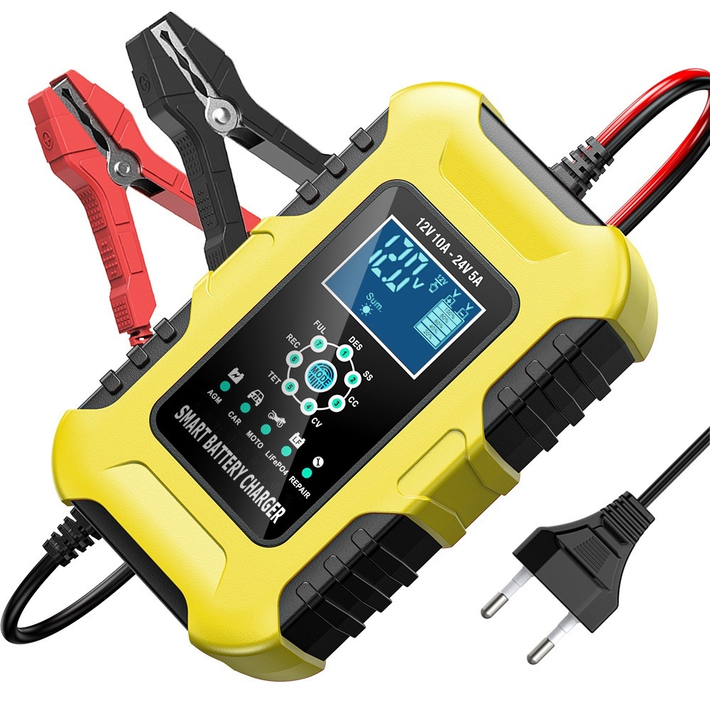 Oferte la Redresor inteligent baterii auto 12V 10A / 24V 5A FOXSUR FBC122410D, incarcator automat cu afisaj LCD, 7 etape, mod REPAIR, compensare temperatura, protectii multiple, compatibil AGM GEL EFB LiFePO4, auto moto barci Galben/Negru