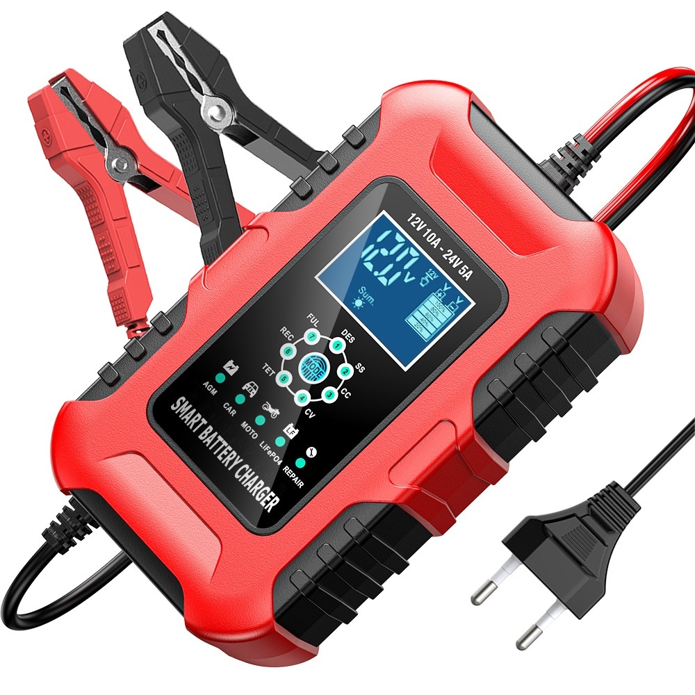 Oferte la Redresor inteligent baterii auto 12V 10A / 24V 5A FOXSUR FBC122410D, incarcator automat cu afisaj LCD, 7 etape, mod REPAIR, compensare temperatura, protectii multiple, compatibil AGM GEL EFB LiFePO4, auto moto barci