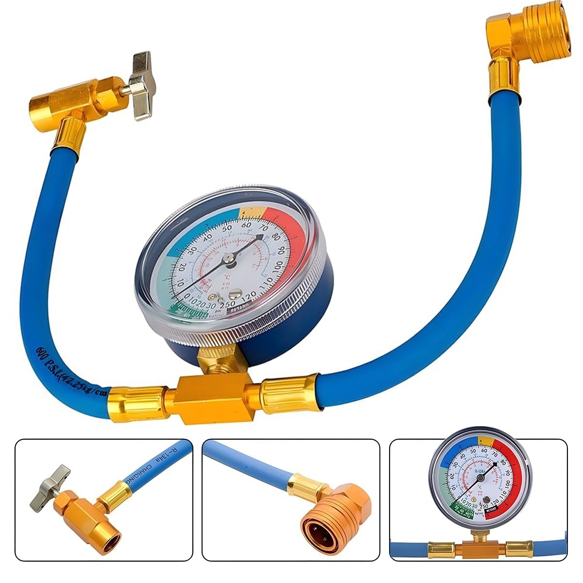 Oferte la Kit incarcare freon AC auto Techstar, furtun cu manometru 1/2 ACME, R134a/R12/R22, pentru aer conditionat auto si rezidential