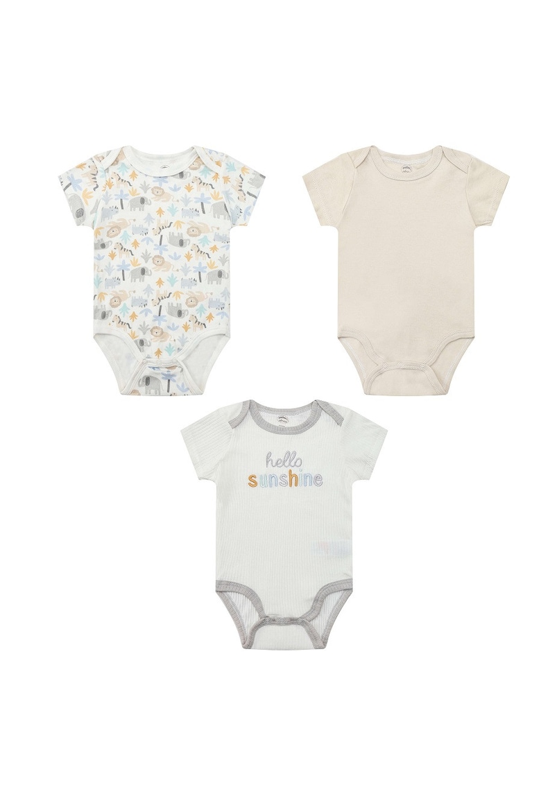 Set 3 body-uri din bumbac pentru bebelusi - Hello Sunshine - Alb crem