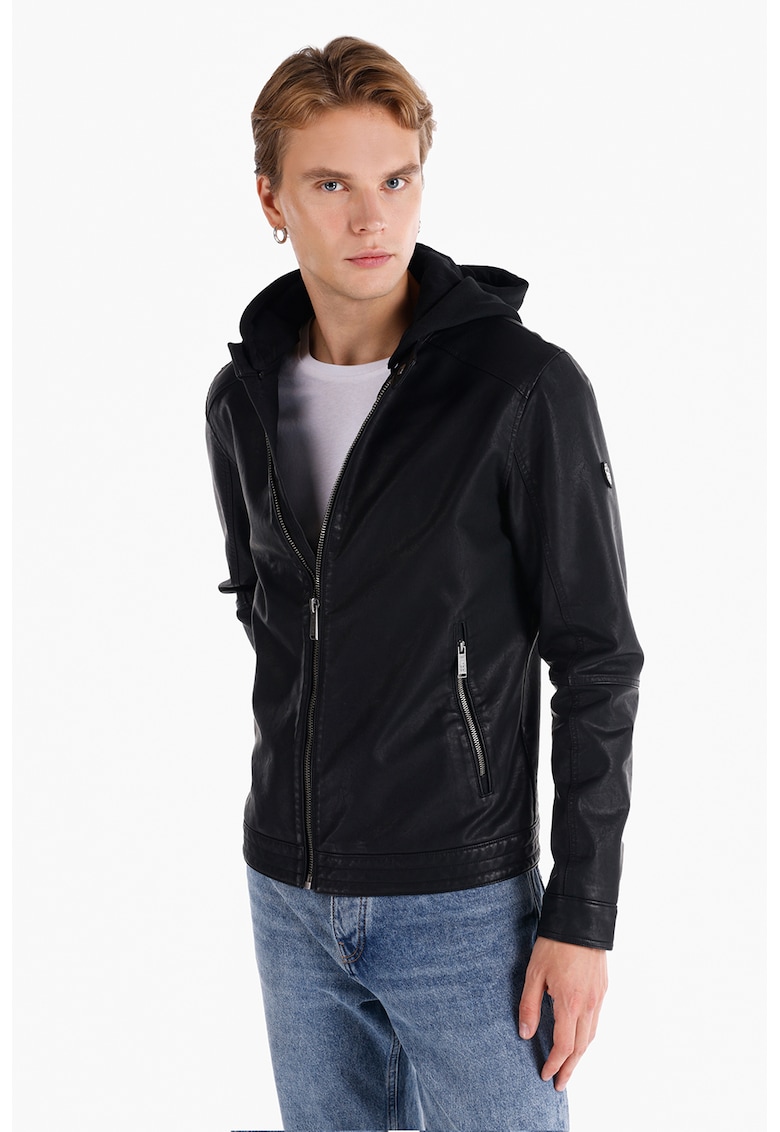 Jacheta de piele ecologica cu gluga - Negru