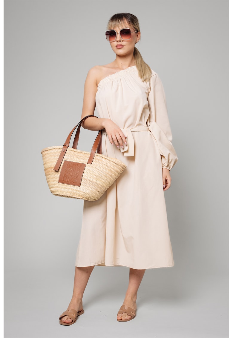 Rochie midi cu decolteu pe un umar si cordon - Bej deschis