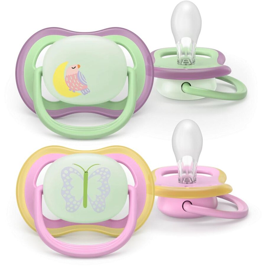 Oferte la Set 2 Suzete Ultra Air SCF376/29 Ortodontice Fara BPA 6-18luni pentru Noapte cu Buton Fosforescent Multicolor