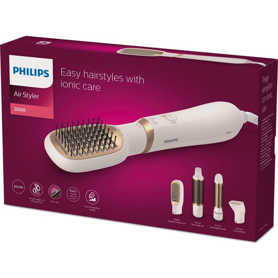 Oferte la Perie Aer Cald 800W Tehnologie Ioni 4 Accesorii Diametru Perie 38mm Setare Temperatura Ingrijire Aer Rece Invelis Ceramic Ulei Argan Bronz/Crem